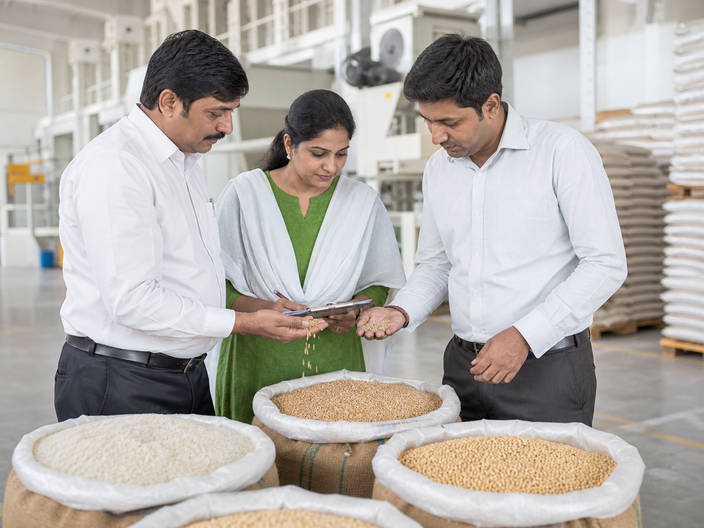 Agro sourcing professionals reviewing grain quality