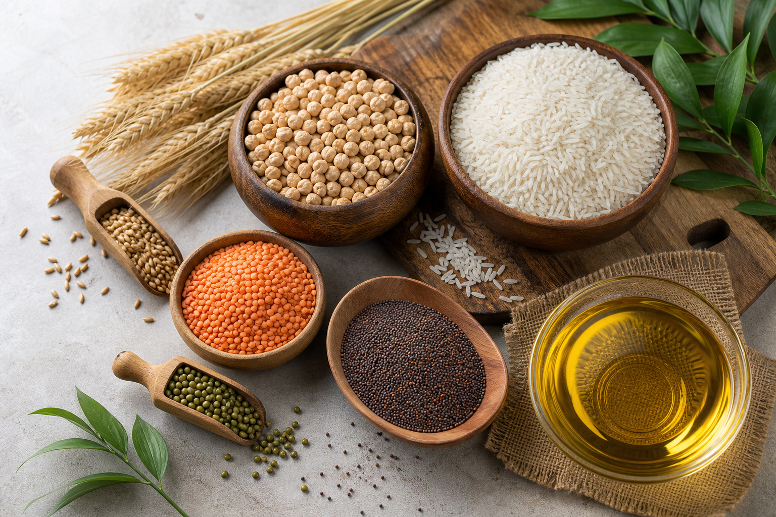 Assortment of grains, pulses and edible oil
